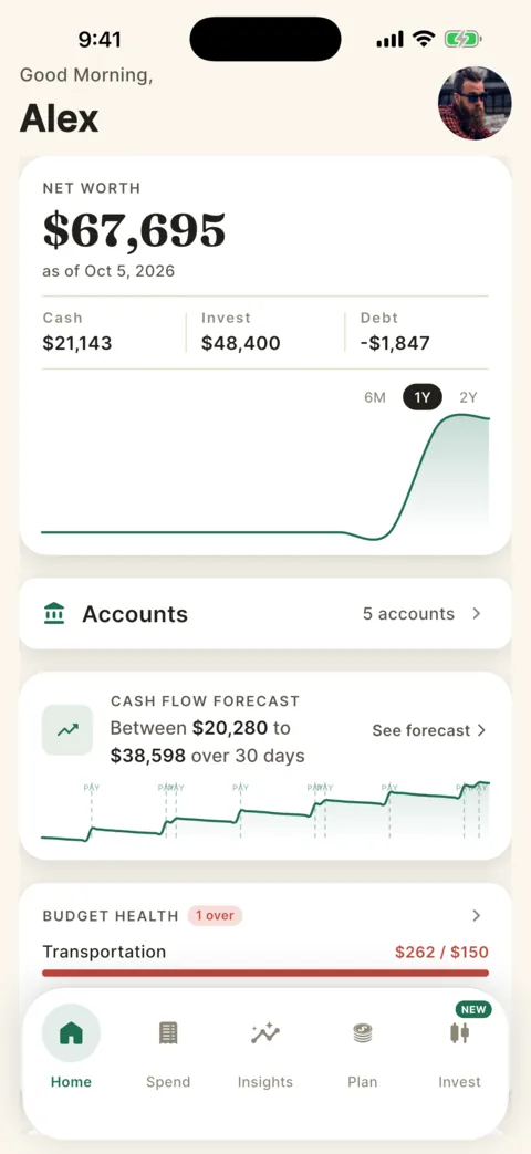 The Shayr Home screen on iPhone. It shows net worth with cash, investments and debt, a one year chart, an accounts row, a cash flow forecast and budget health.