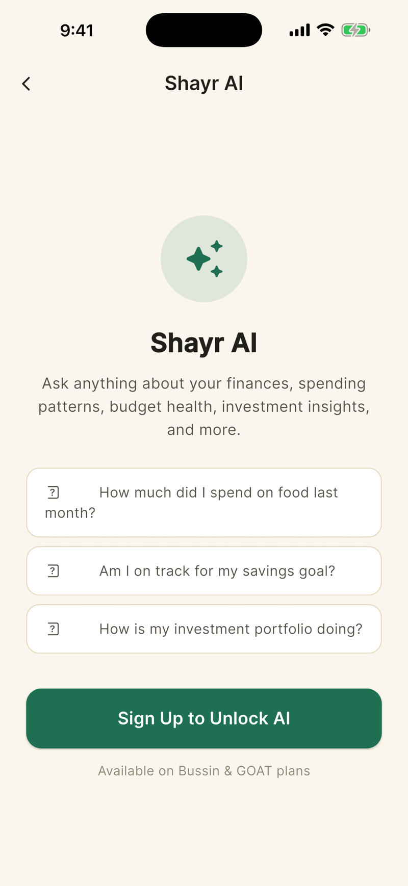 Shayr AI in the demo account. The screen is locked, with example questions like How much did I spend on food last month and a sign up button.