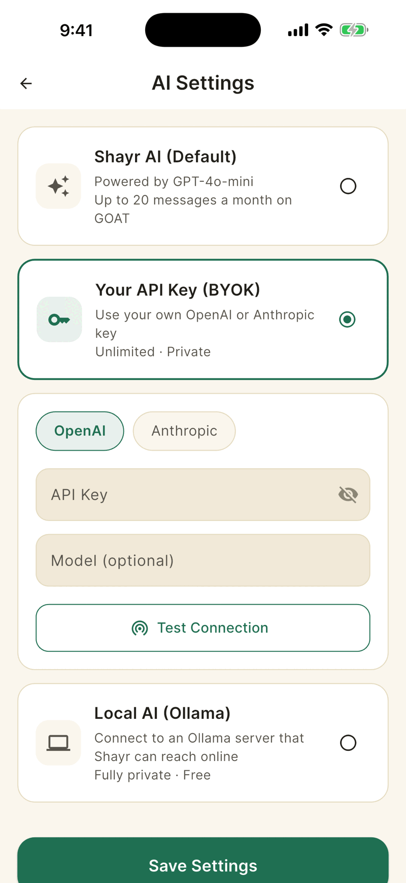 The Your API Key option expanded. It shows OpenAI and Anthropic chips, an API Key field, an optional Model field, and a Test Connection button.