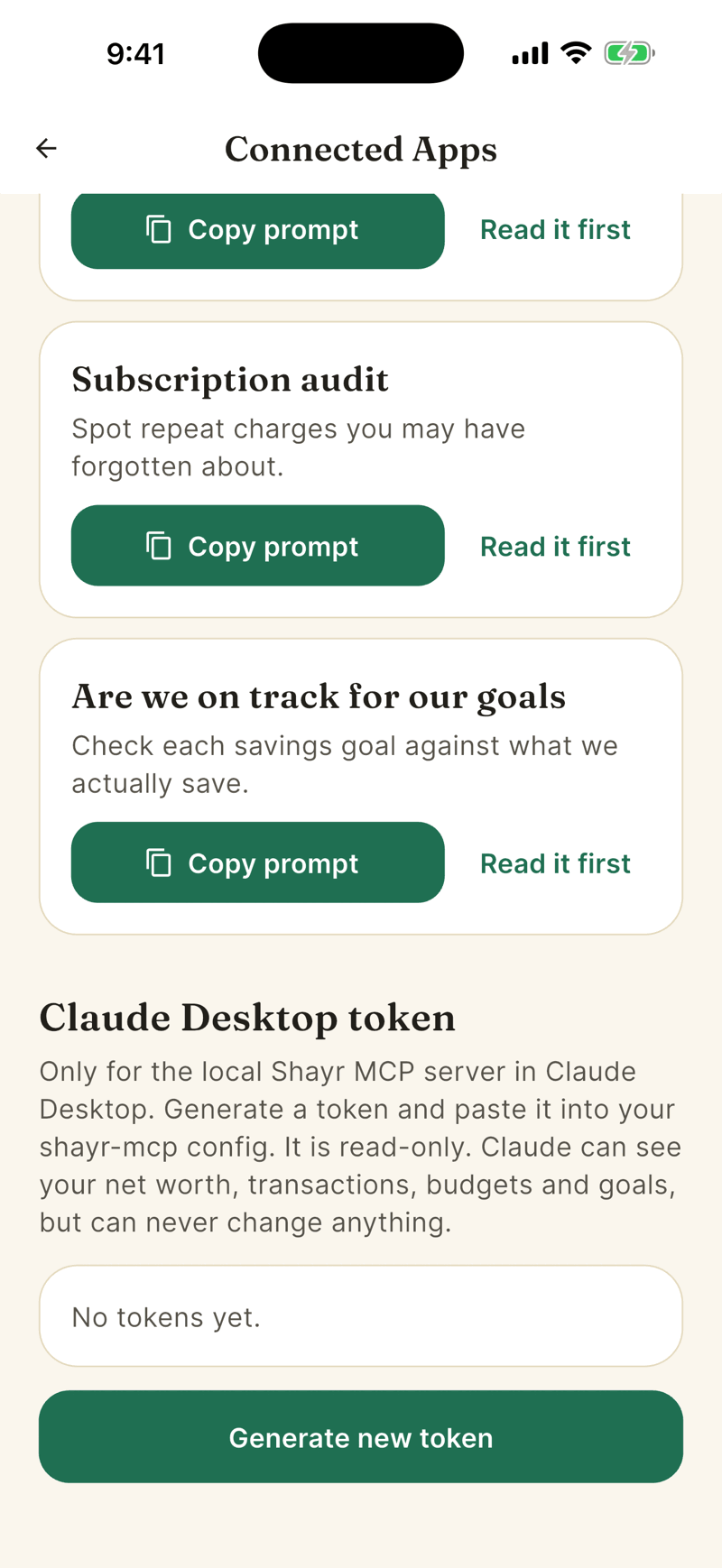 The lower half of Connected Apps. It shows more ready-made prompts with Copy prompt buttons, and a Claude Desktop token section with No tokens yet and a Generate new token button.