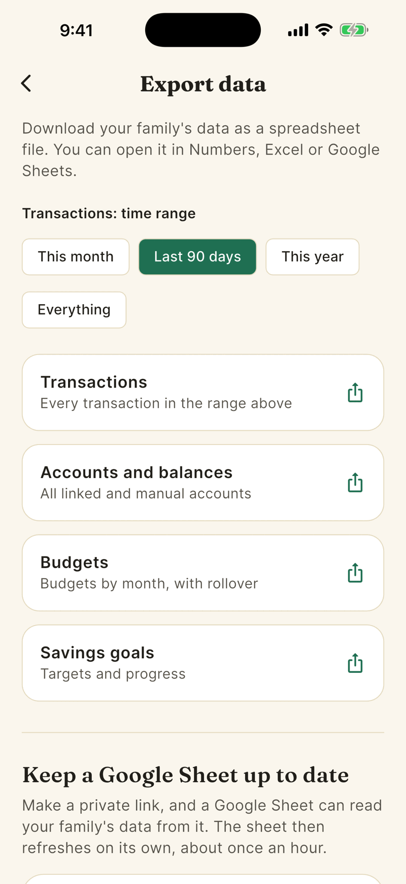 The Export data screen. Time range chips for Transactions read This month, Last 90 days, This year and Everything, followed by four tiles: Transactions, Accounts and balances, Budgets and Savings goals.