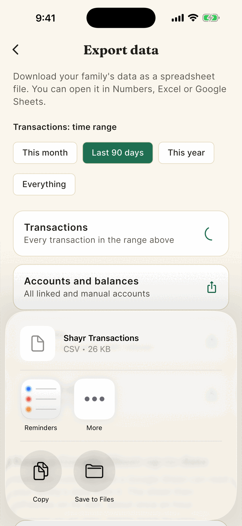 The share sheet over the Export data screen, offering a file named Shayr Transactions CSV with options such as Copy and Save to Files.