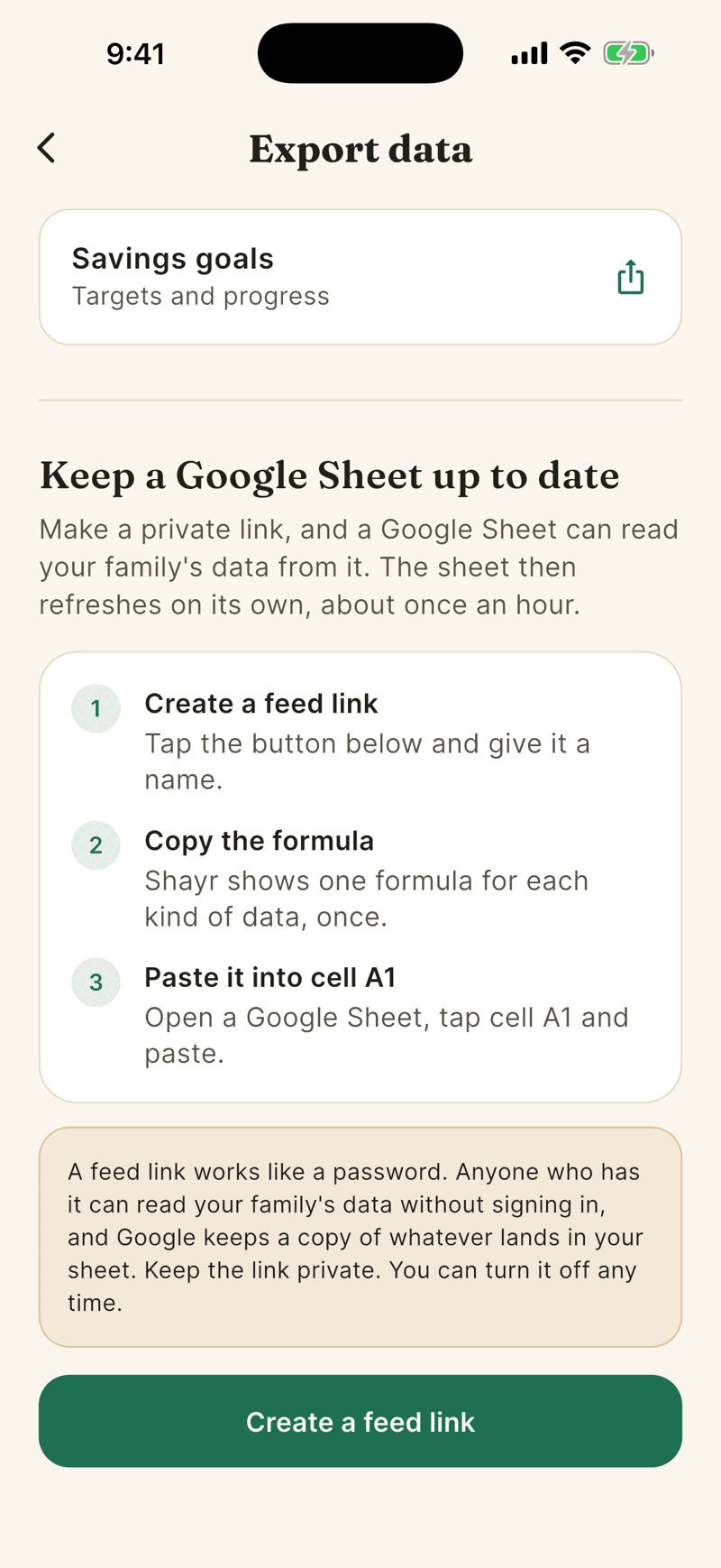 The Keep a Google Sheet up to date section with three numbered steps, a warning that a feed link works like a password, and a green Create a feed link button.