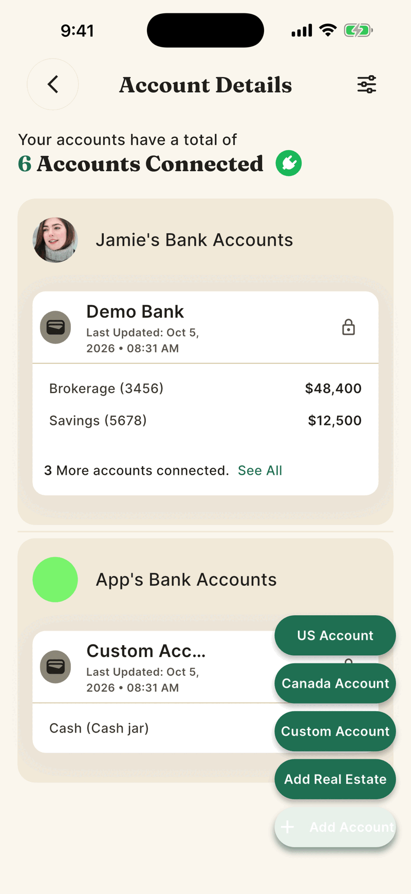 The Account Details screen with the Add Account button expanded into four choices: US Account, Canada Account, Custom Account and Add Real Estate.