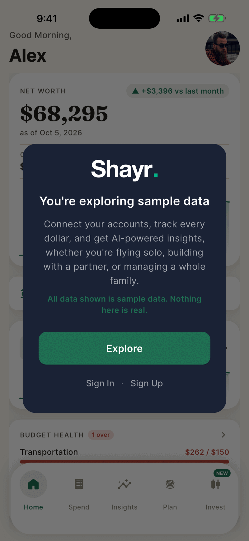 The sample data card with a green Explore button and Sign In and Sign Up links beneath it.