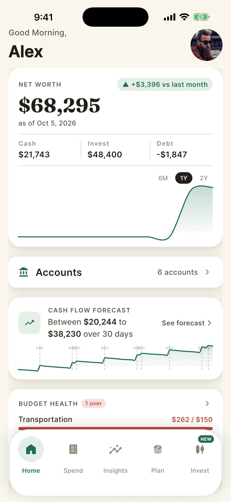 The Home screen. The Net Worth card shows a large total with Cash, Invest and Debt beneath it, a chart, and a row for Accounts.