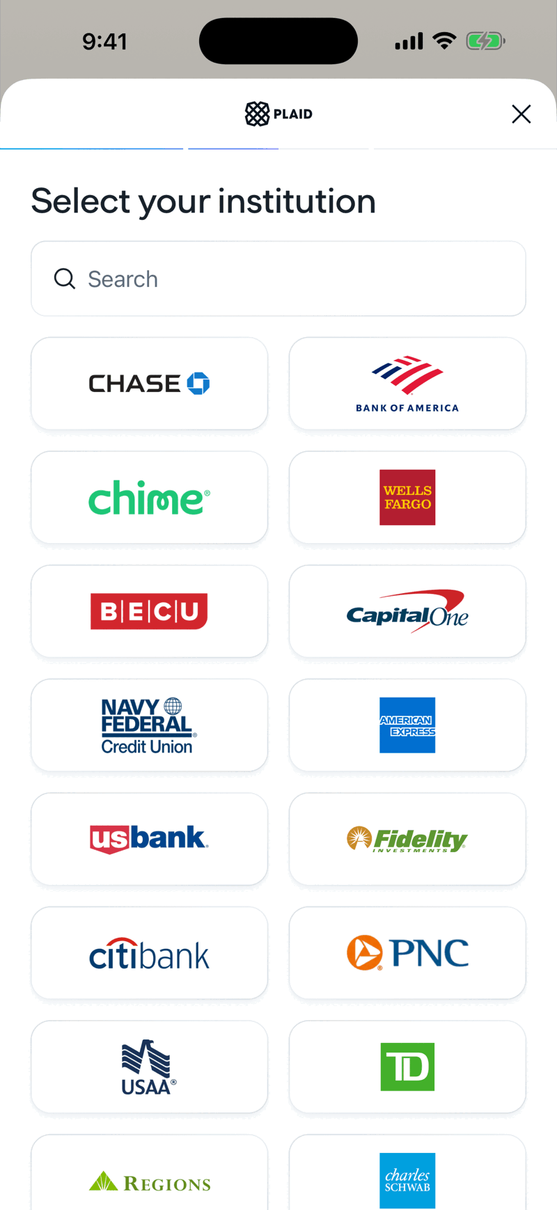 Plaid's Select your institution screen showing a search box and a grid of large banks.