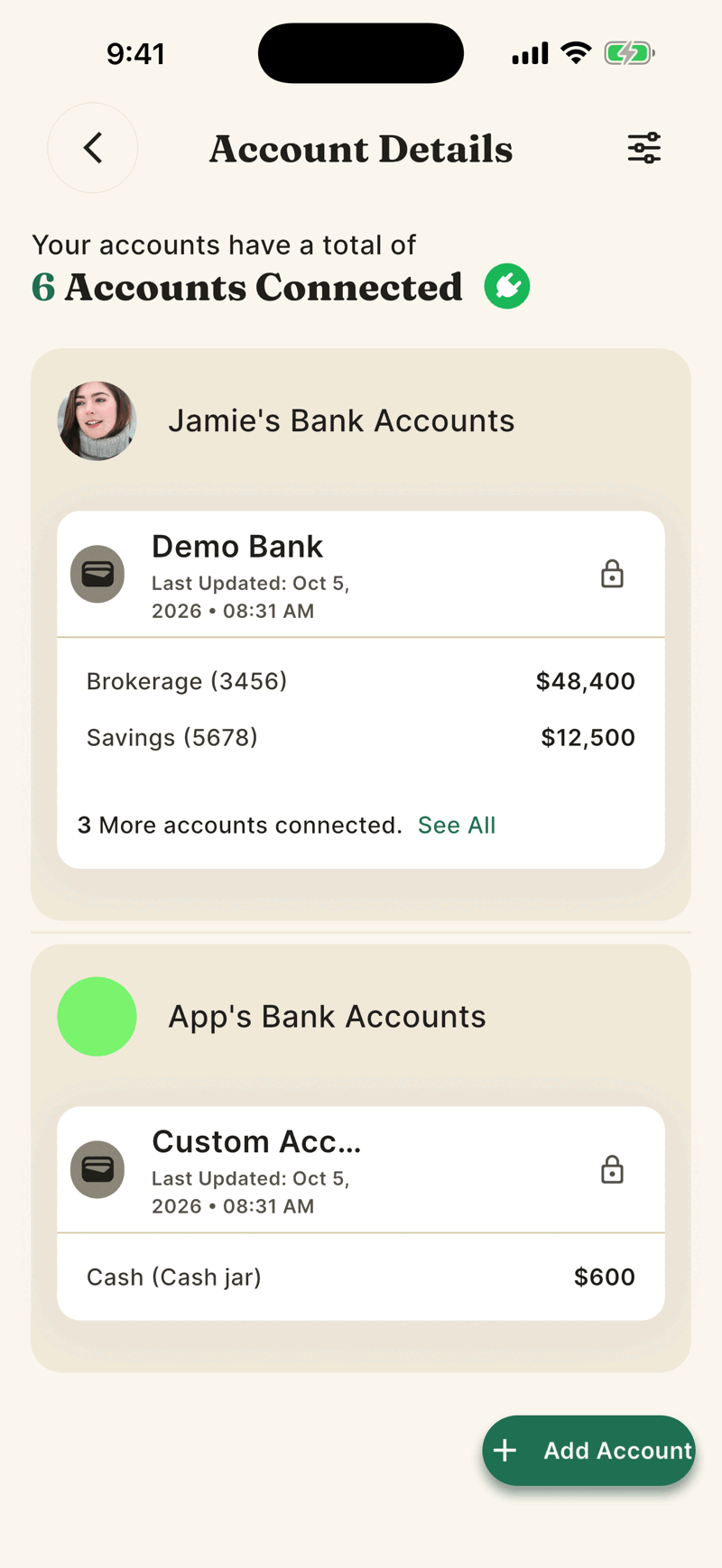 The Account Details screen. Each bank card has a small lock icon at its right because the signed in person did not link it. Cards are grouped under the name of the person who did.