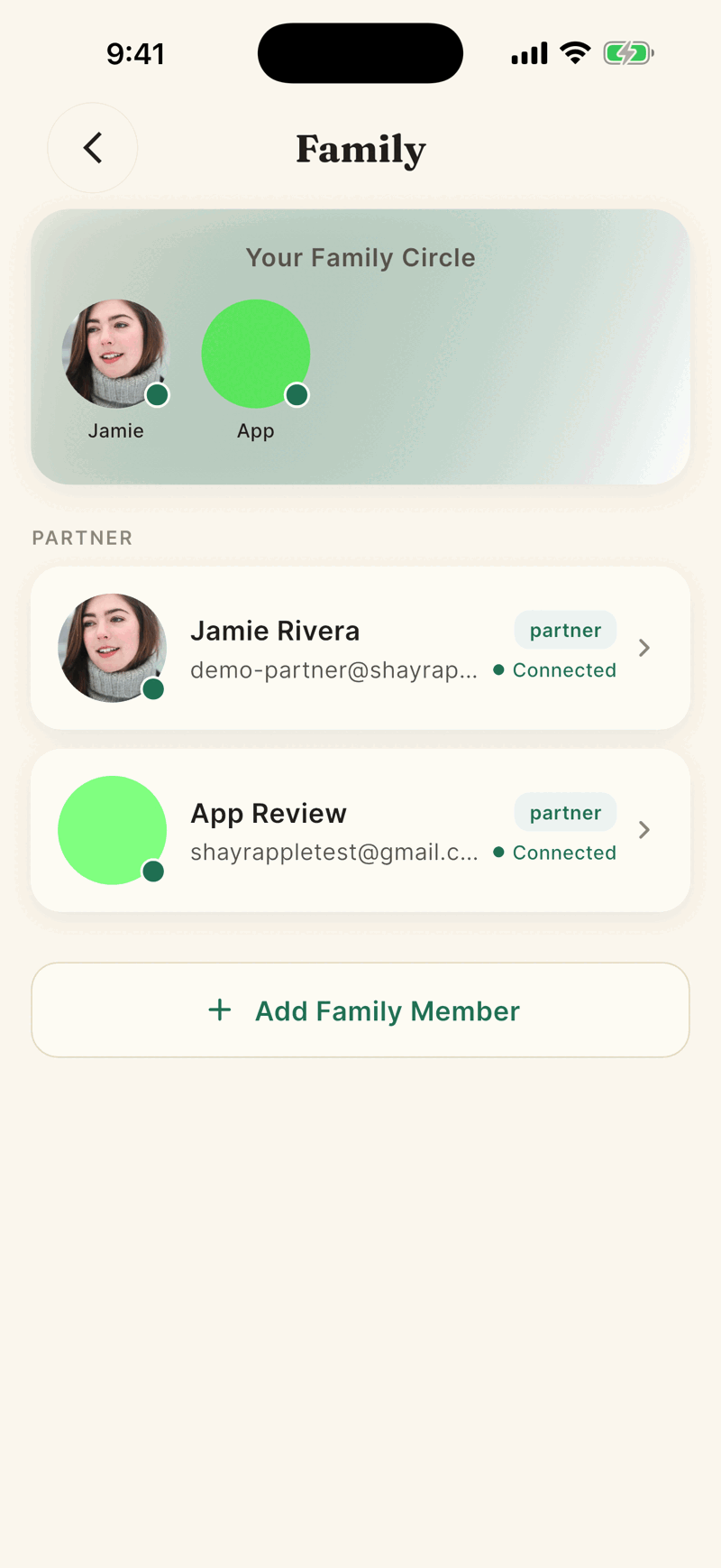 The Family screen with a Your Family Circle header showing two avatars, a Partner section listing two connected people, and an Add Family Member button.