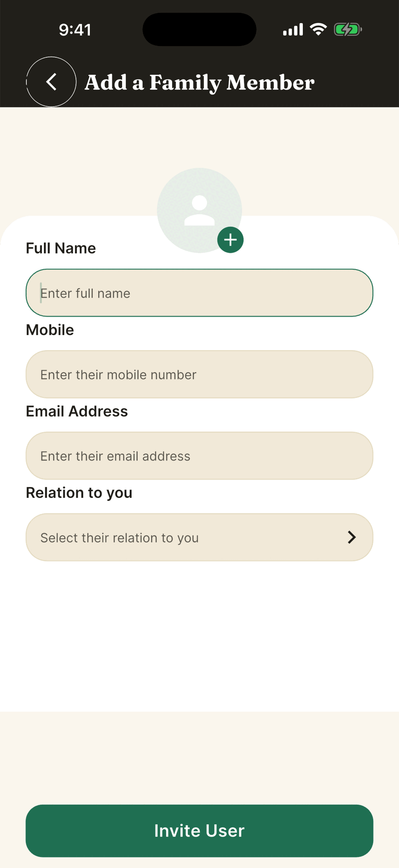 The Add a Family Member form with Full Name, Mobile, Email Address and Relation to you fields and an Invite User button.