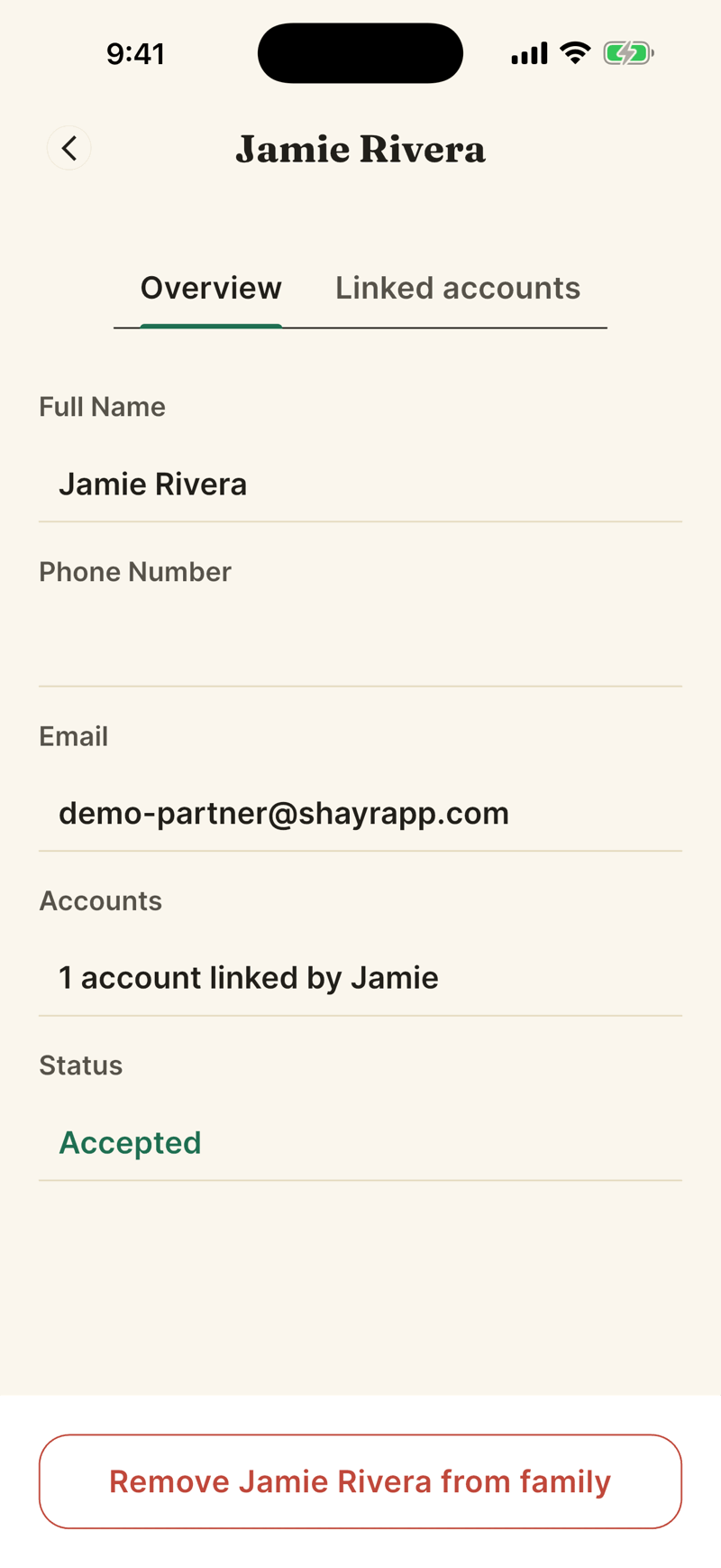 A member detail screen for Jamie Rivera with an Overview tab showing name, email, accounts linked and status Accepted, and a red button reading Remove Jamie Rivera from family.