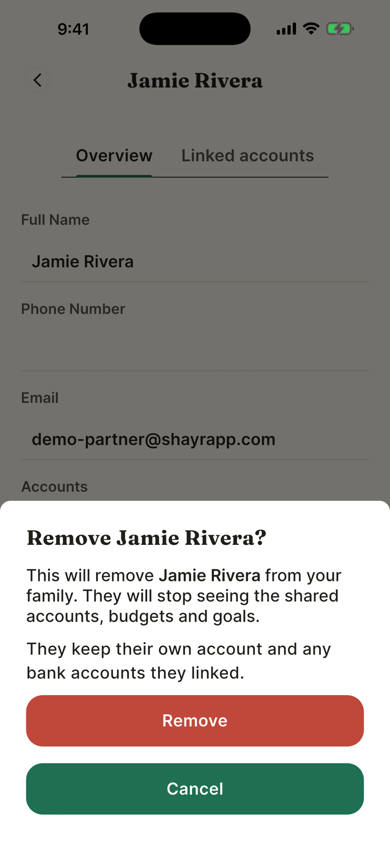 The Remove Jamie Rivera confirmation sheet with the text that they keep their own account and any bank accounts they linked, a red Remove button and a green Cancel button.