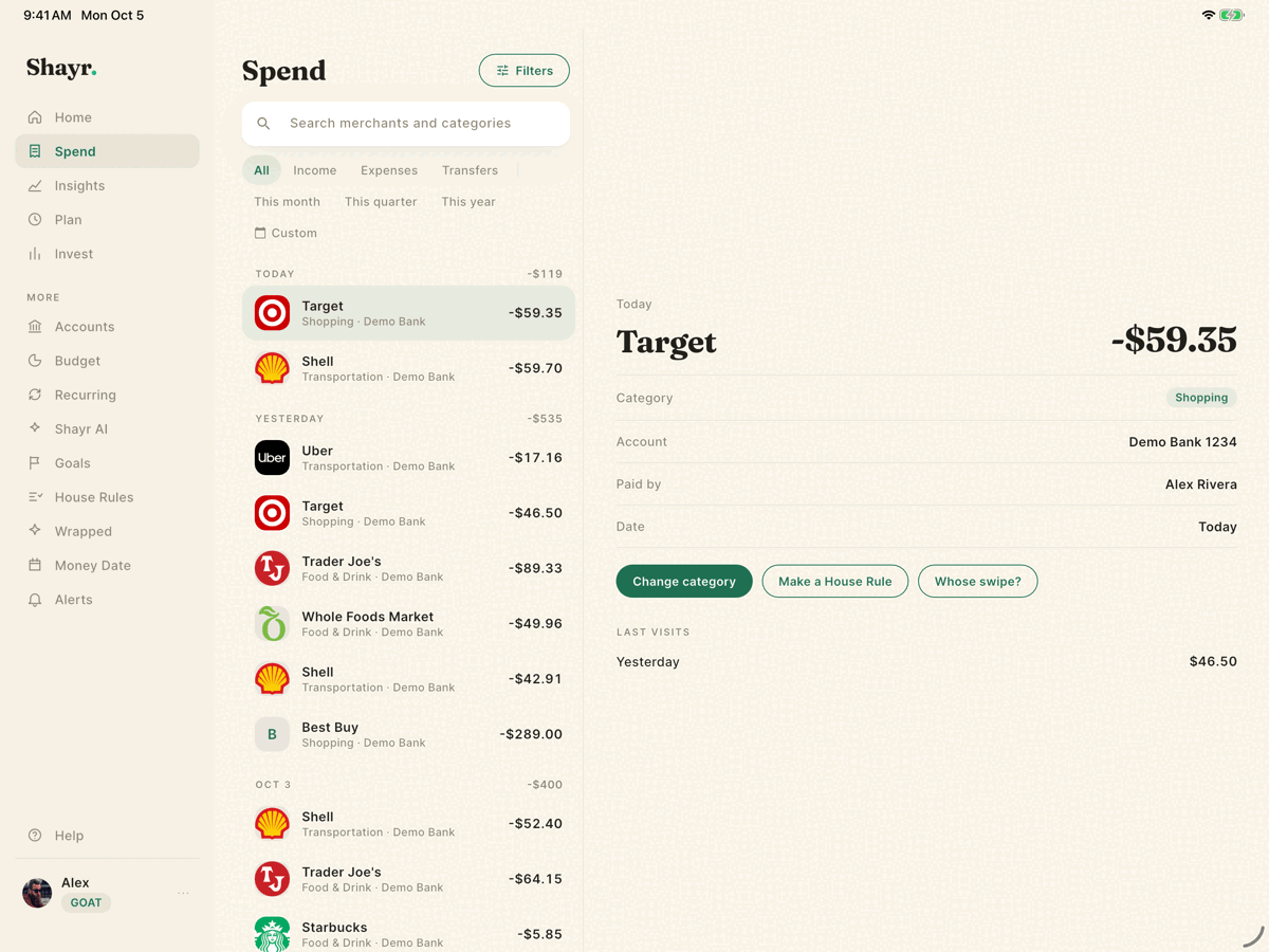 The iPad Spend screen. The transaction list is on the left and the Target purchase is open on the right with its category, account and date and the three action buttons.
