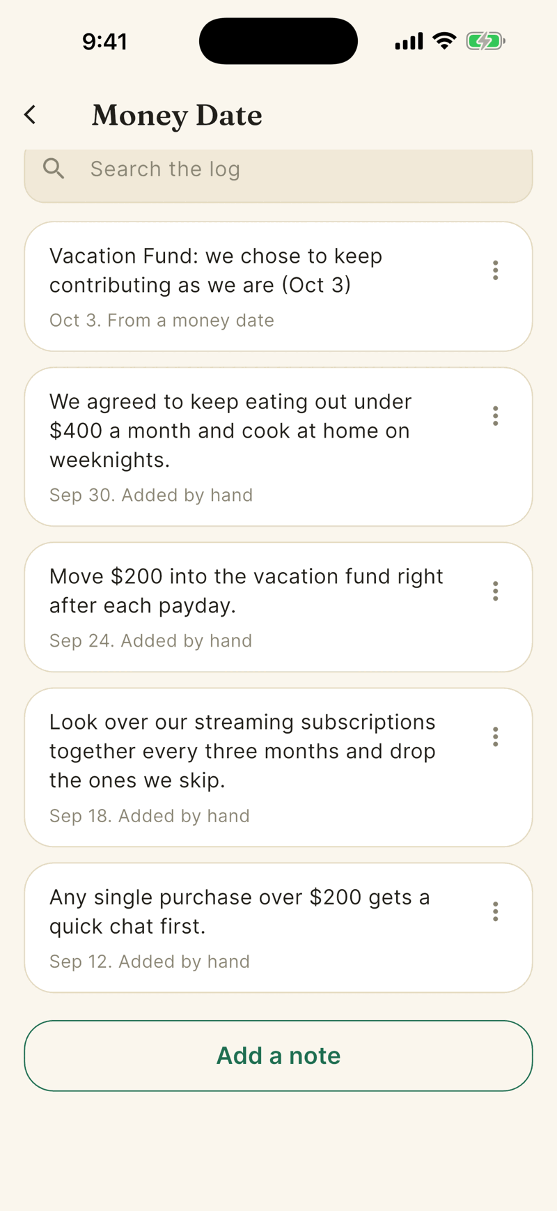 The Decision log with a search box and entries like Vacation Fund: we chose to keep contributing as we are, each with a date and a label such as From a money date or Added by hand, and an Add a note button.