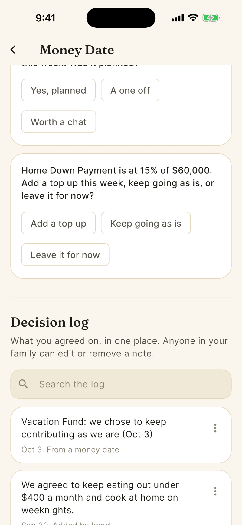 Money Date questions. Answer chips such as Yes planned, A one off and Worth a chat sit under a purchase question, and another question about a goal offers Add a top up, Keep going as is and Leave it for now.