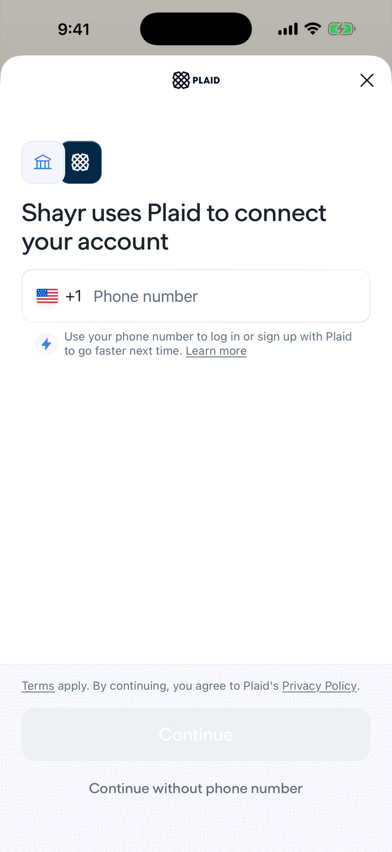 Plaid's opening screen reading Shayr uses Plaid to connect your account, with a phone number box, a Continue button and a Continue without phone number link.