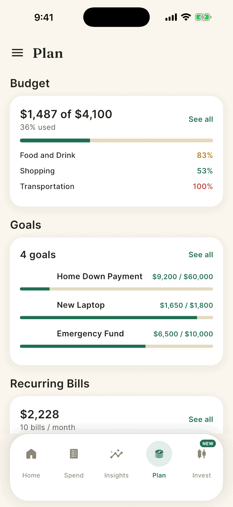 The Plan screen with three cards. Budget shows 1,487 dollars of 4,100 dollars with three category percentages. Goals shows four goals with progress bars. Recurring Bills begins below.