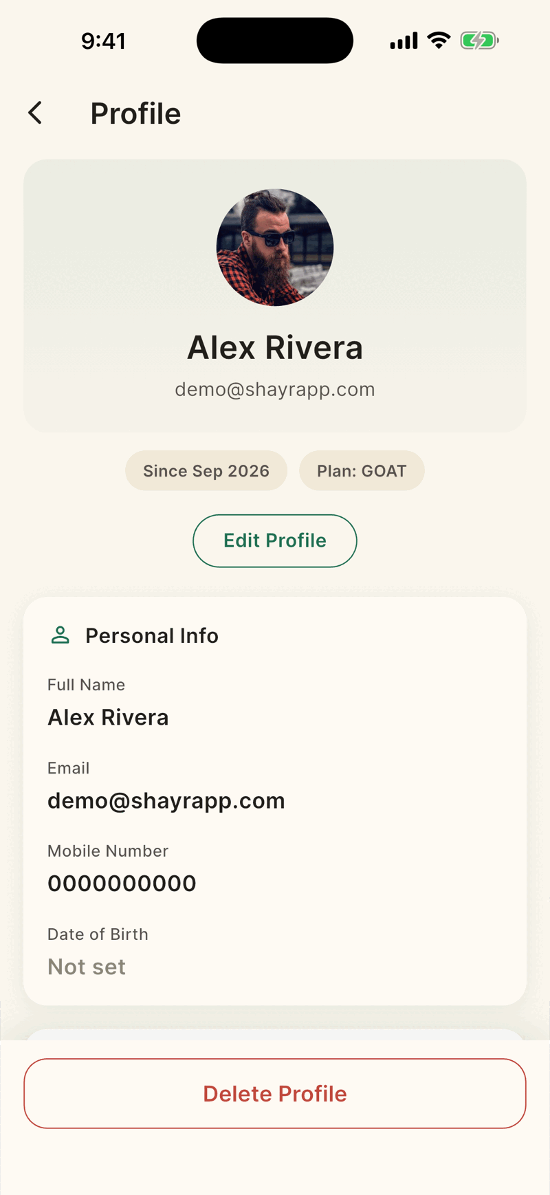 The bottom of the Profile screen showing a red outlined Delete Profile button.