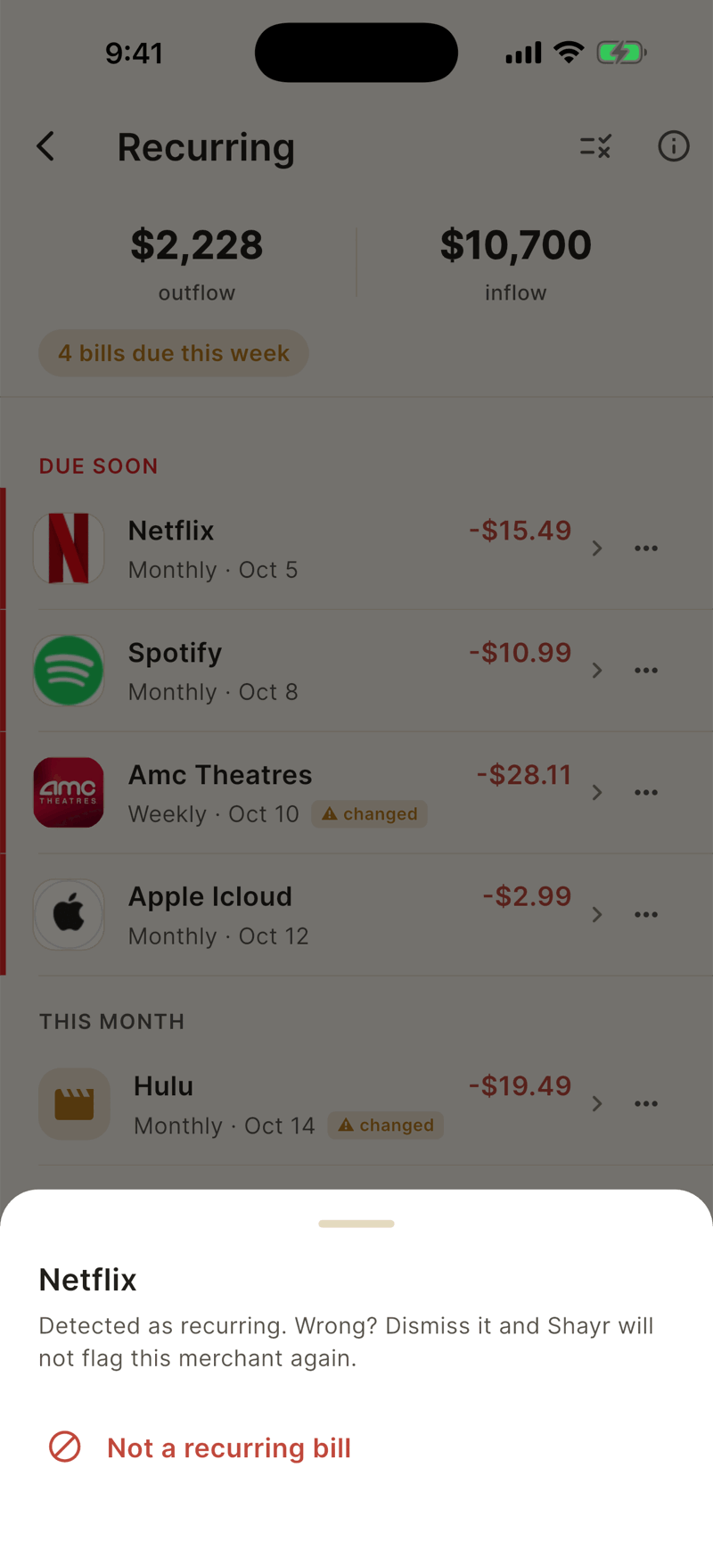 The action sheet for Netflix reading Detected as recurring. Wrong? Dismiss it and Shayr will not flag this merchant again, with a Not a recurring bill button.