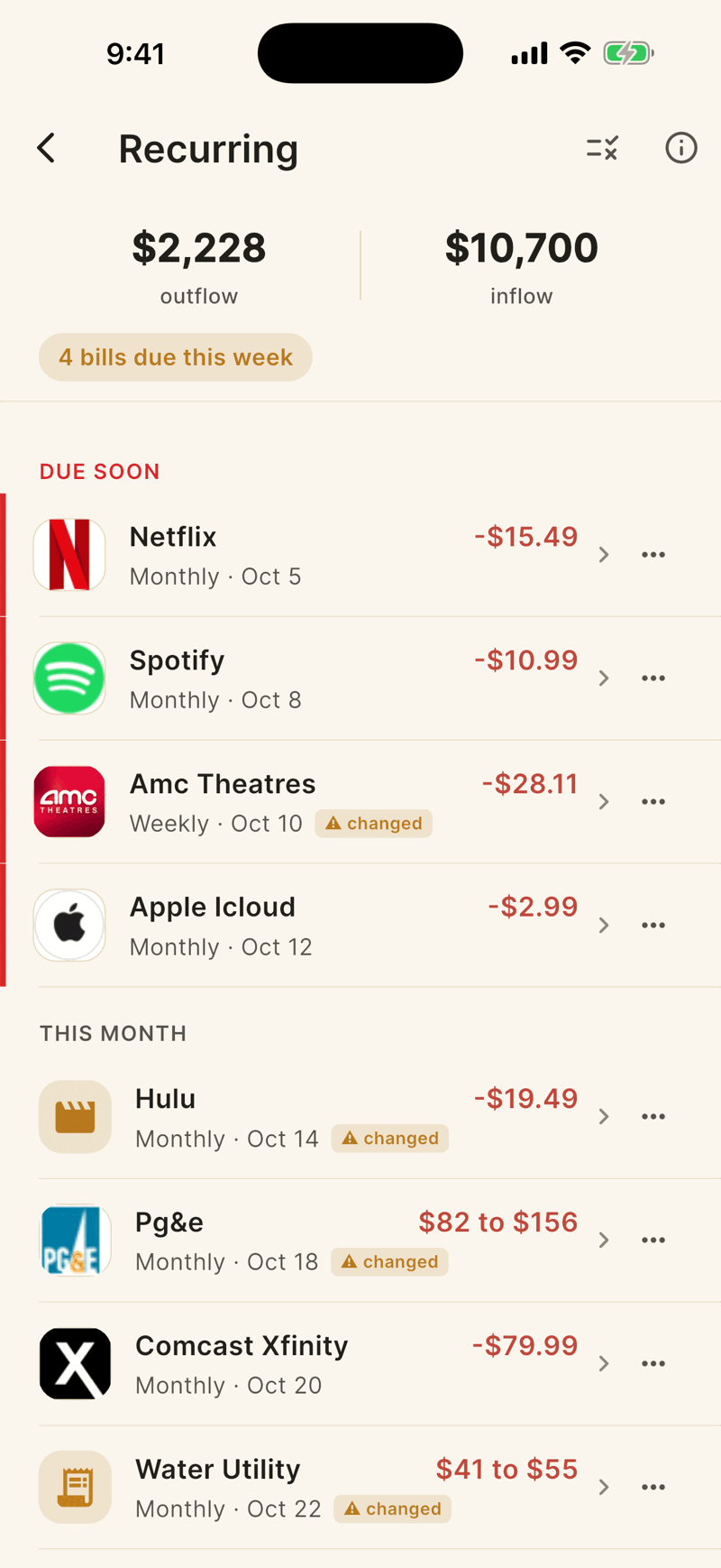 The Recurring screen. Totals for outflow and inflow sit at the top, then a Due Soon list with Netflix, Spotify, AMC Theatres and Apple iCloud, and a This Month list below.