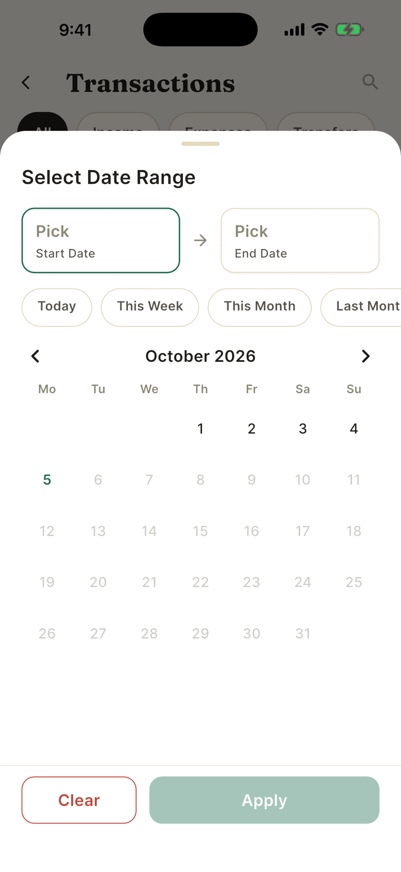 The Select Date Range sheet with Start Date and End Date boxes, preset chips like Today and This Week, an October calendar, and Clear and Apply buttons.