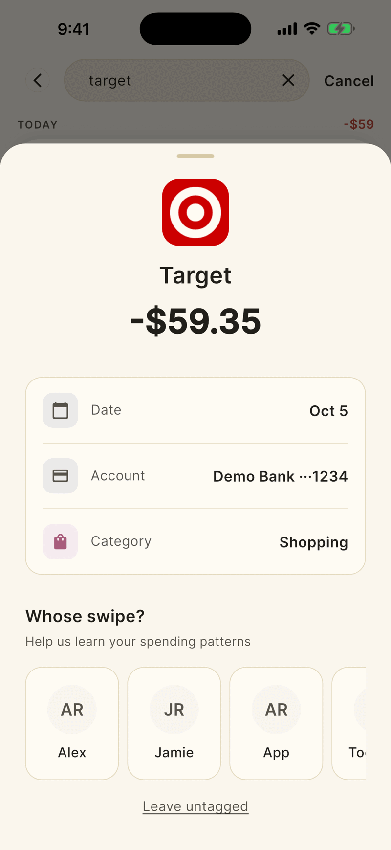 The detail sheet for a Target purchase showing Date, Account and Category rows, and the Whose swipe question with a button for each person in the household.
