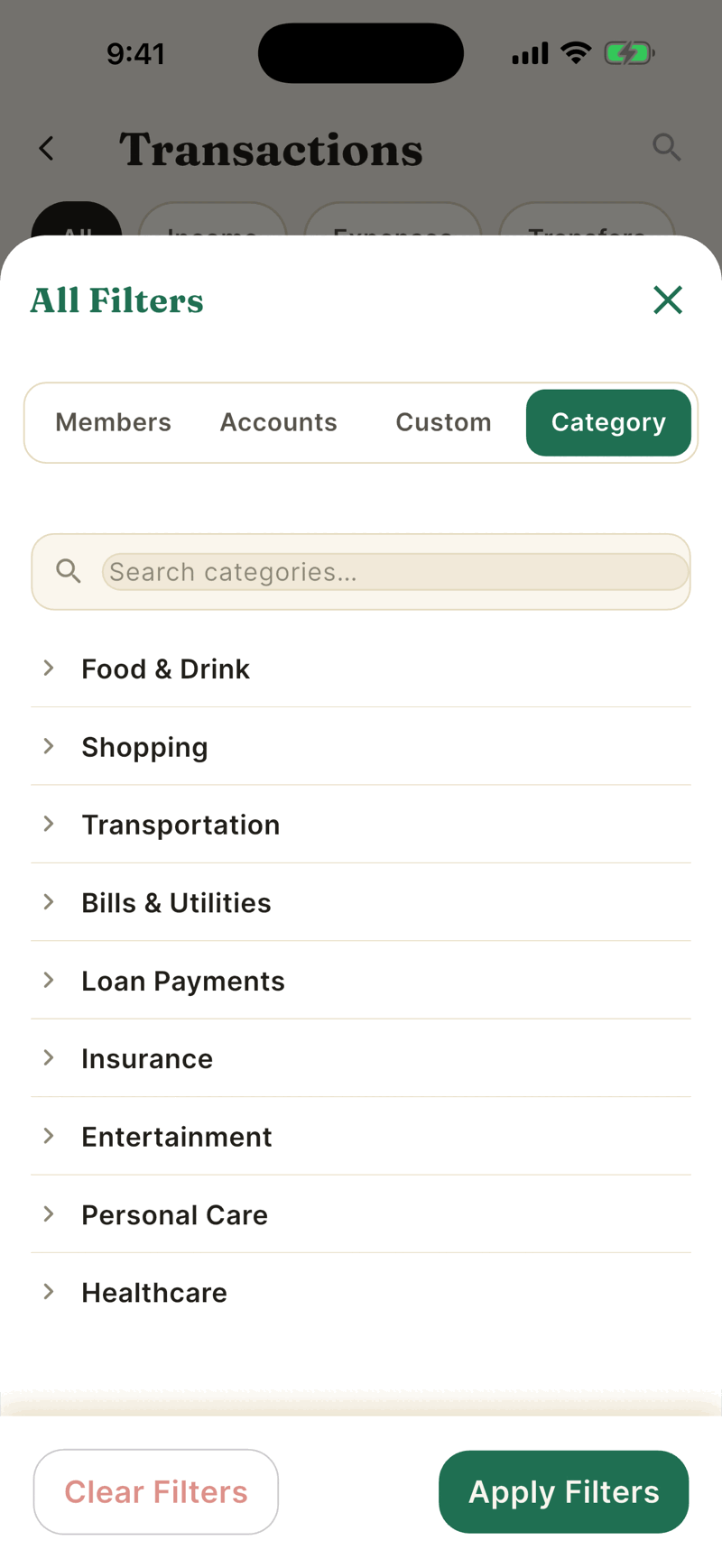 The Category tab of All Filters showing a search box and groups: Food and Drink, Shopping, Transportation, Bills and Utilities, Loan Payments and more.