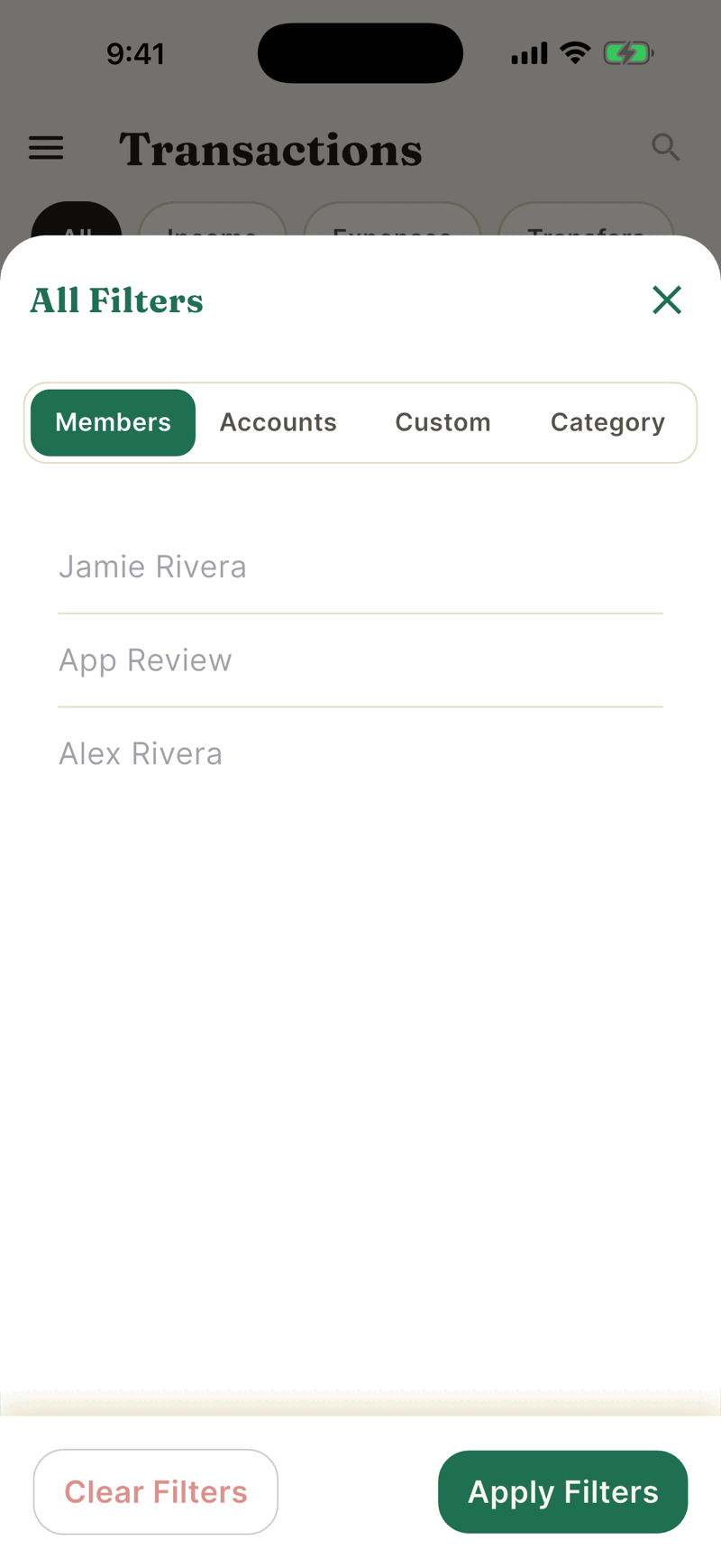 The All Filters sheet on the Members tab, listing three household members with a checkmark on one, plus Clear Filters and Apply Filters buttons.