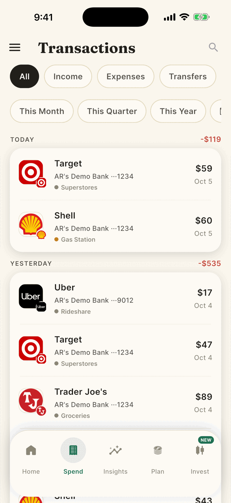 The Transactions screen with the All, Income, Expenses and Transfers tabs, date filter chips, and a list of purchases grouped under Today and Yesterday.