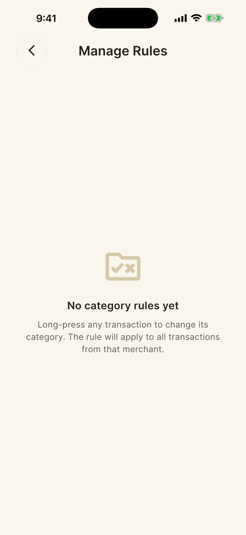 The Manage Rules screen with the empty message: No category rules yet. Long-press any transaction to change its category.