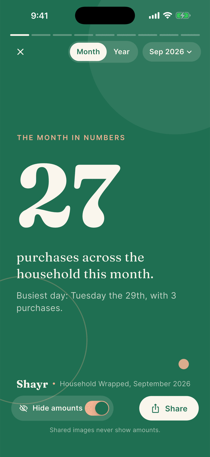 The first Wrapped card in green reading The month in numbers, 27 purchases across the household this month, with a Month and Year switch, a period pill reading Sep 2026, and a Hide amounts toggle at the bottom.